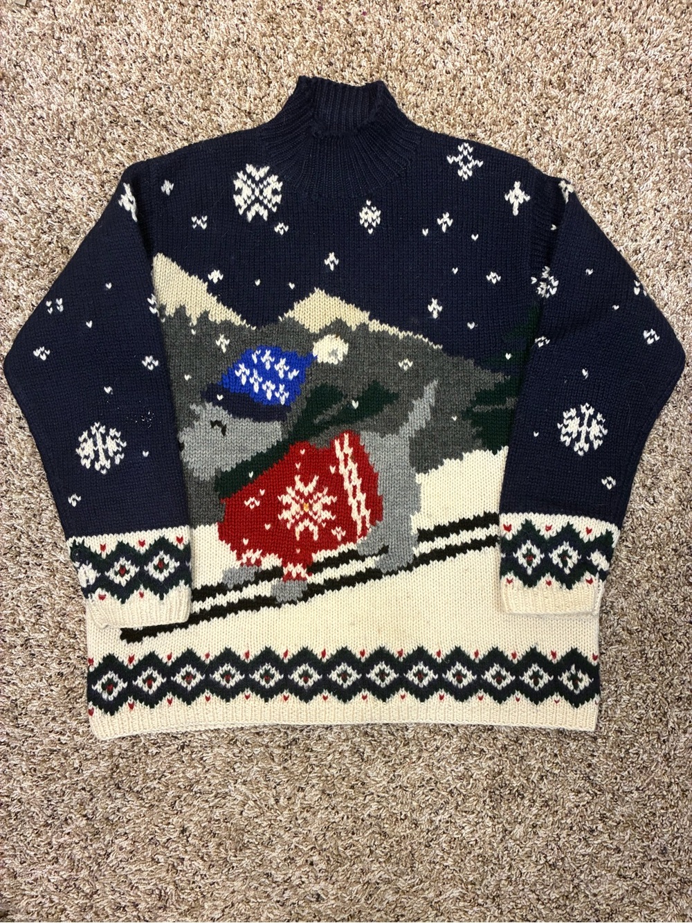 VTG Lauren Ralph Lauren Exclusive Handknit Dog Trees Ski Nordic Wool Sweater